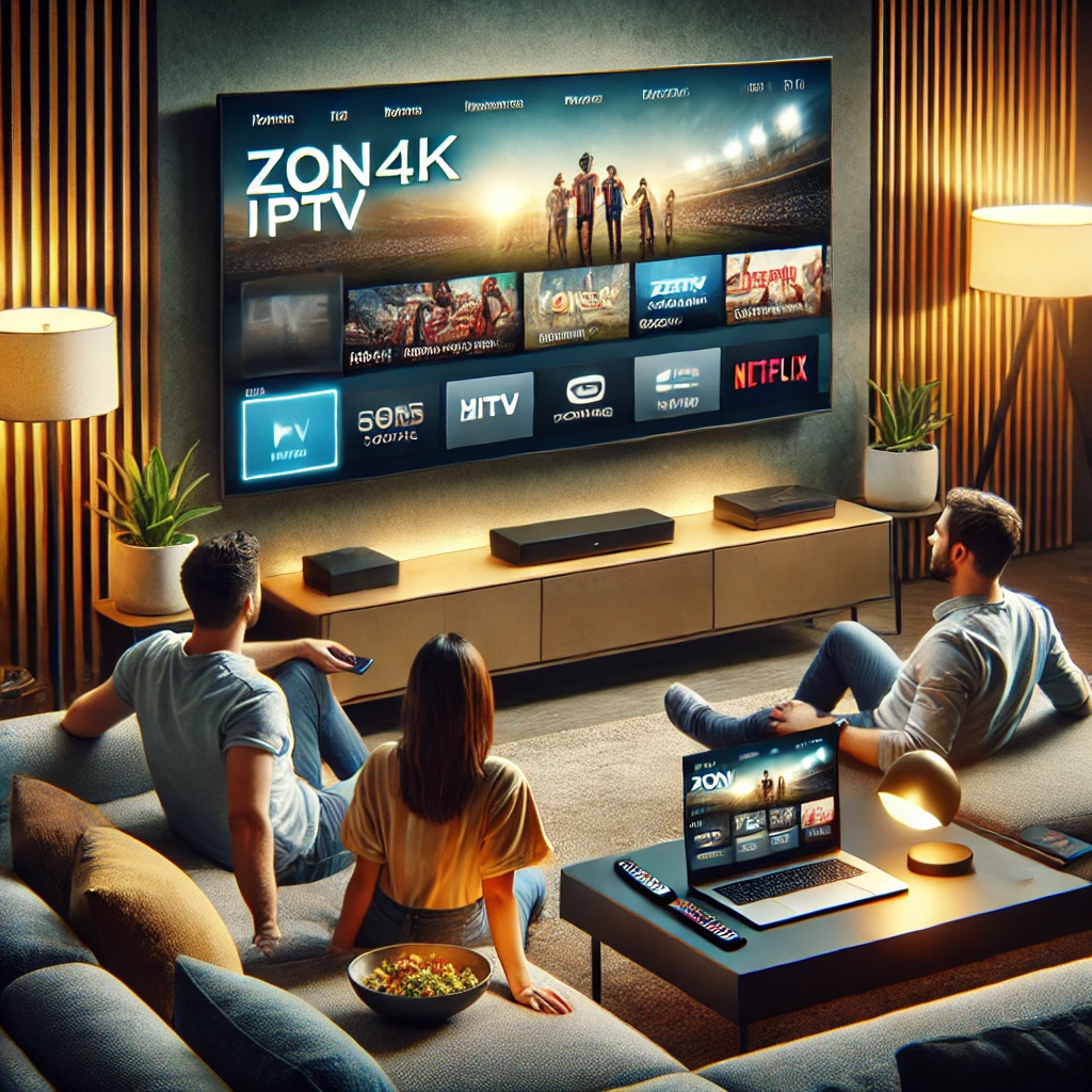 Modern living room with a smart TV displaying Zon4k IPTV interface, highlighting live sports, movies, and entertainment channels. A family is enjoying streaming on multiple devices, including a tablet and laptop.