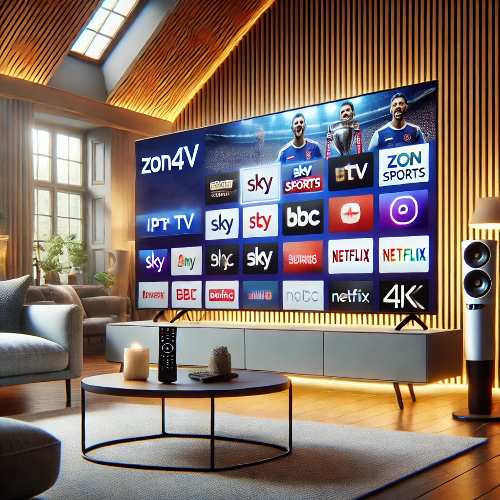 A modern living room in the UK featuring a large smart TV displaying Zon4k IPTV interface with channels like Sky Sports, BBC, and Netflix in 4K resolution. A remote lies on a sleek coffee table, with cozy sofas and warm lighting in the background.