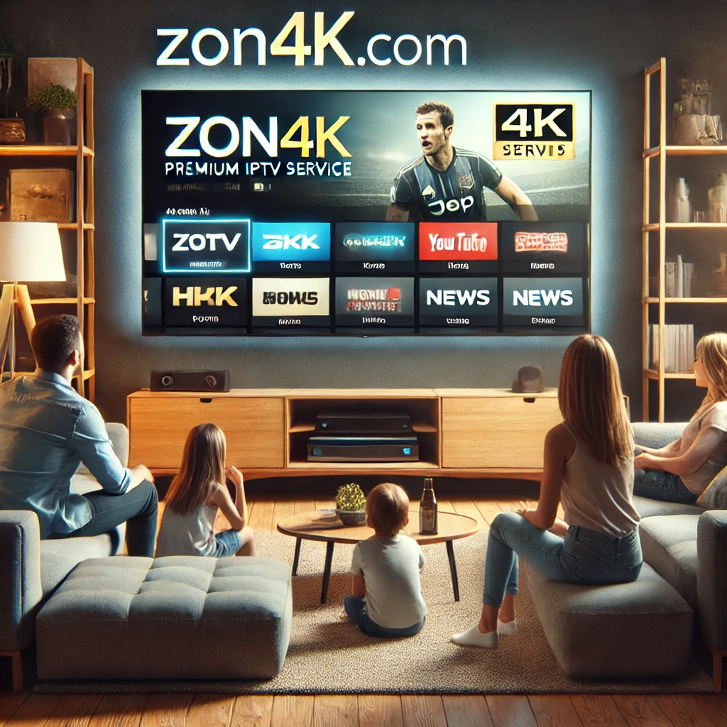 A family sitting in a modern living room enjoying premium IPTV service on a large 4K television with live sports, movies, and news channels, featuring zon4k.com branding.