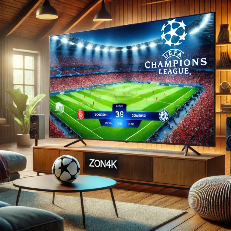 Modern living room with a smart TV displaying a live UEFA Champions League match via Zon4k IPTV. High-quality streaming with players in action, perfect for soccer fans.