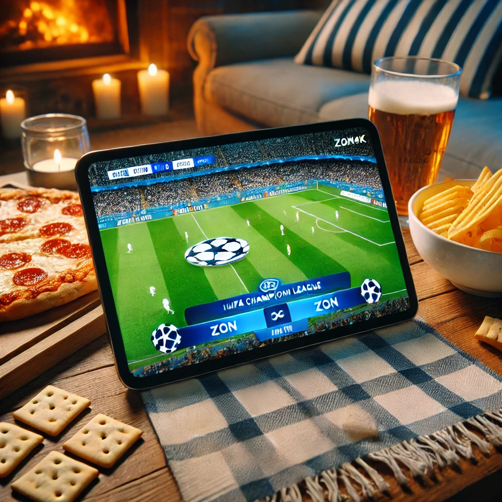 Tablet streaming a live UEFA Champions League match via Zon4k IPTV, surrounded by snacks and drinks in a cozy setting. Emphasizing portability and accessibility for soccer fans.