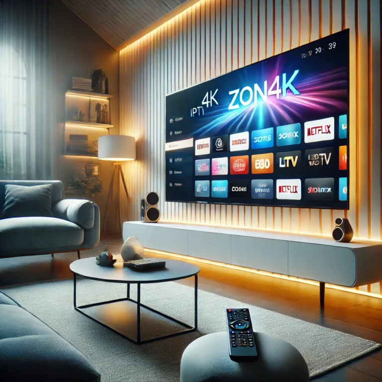 Modern living room with a smart TV displaying the Zon4k IPTV interface, showcasing channels for sports, movies, and live TV. A remote is on a coffee table, emphasizing ease of use in a cozy home setup.